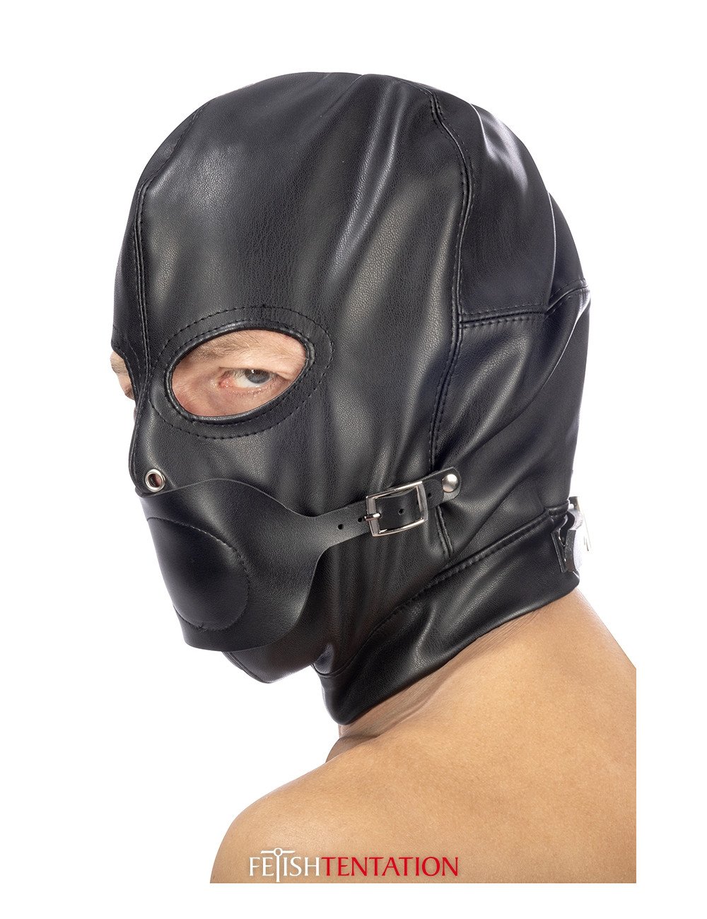 Cagoule BDSM simili cuir avec baillon amovible - Fetish Tentation