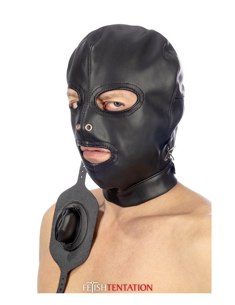 Cagoule BDSM simili cuir avec baillon amovible - Fetish Tentation