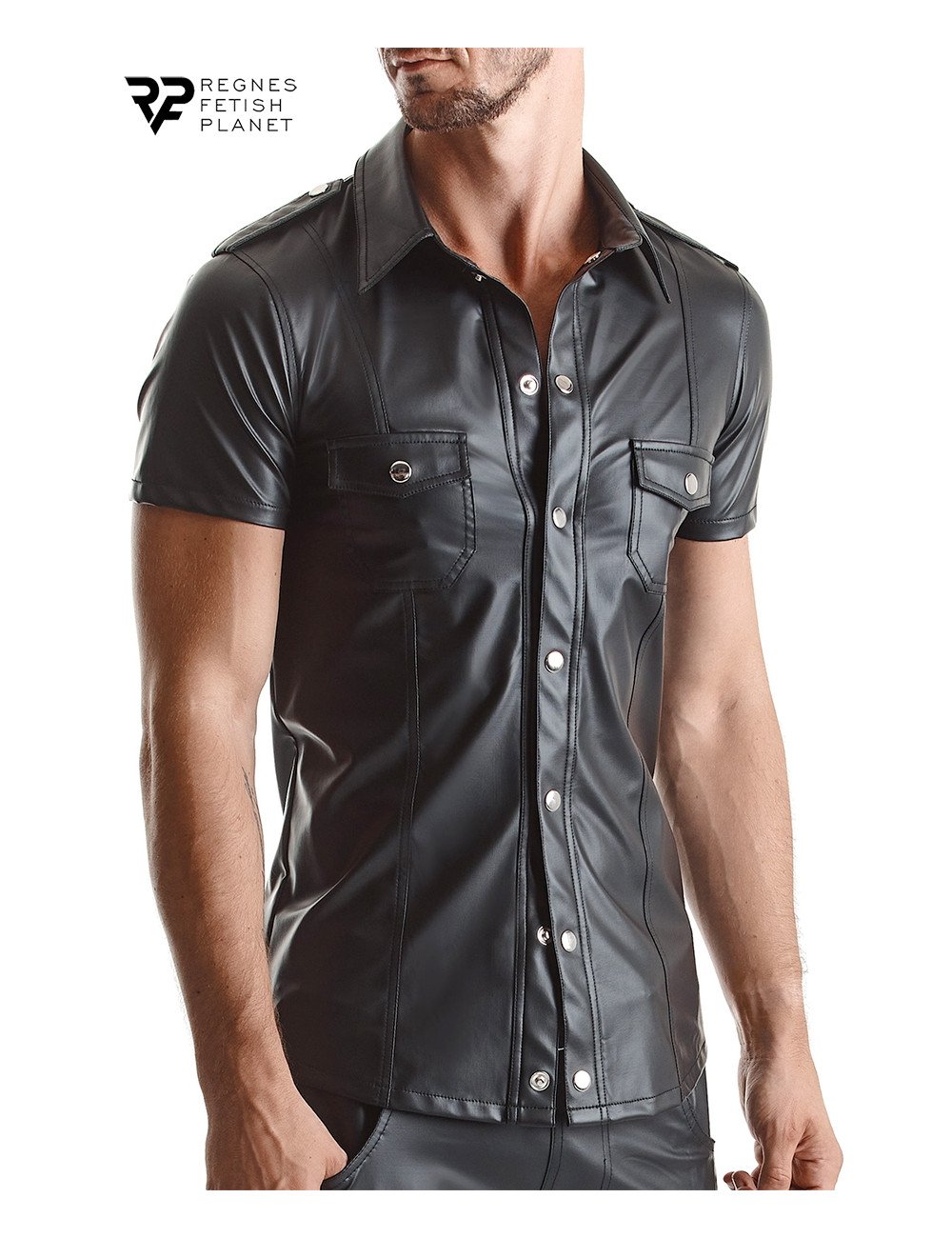 Chemise manches courtes wetlook noire Luca - Regnes Chemise manches courtes wetlook noire Luca - Regnes